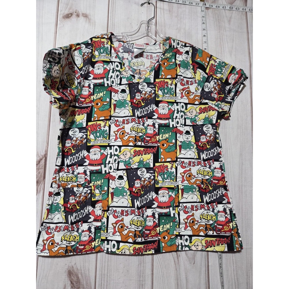 Rudolph The Red Nosed Reindeer Shirt Womens Large Christmas Scrub Top Cartoon